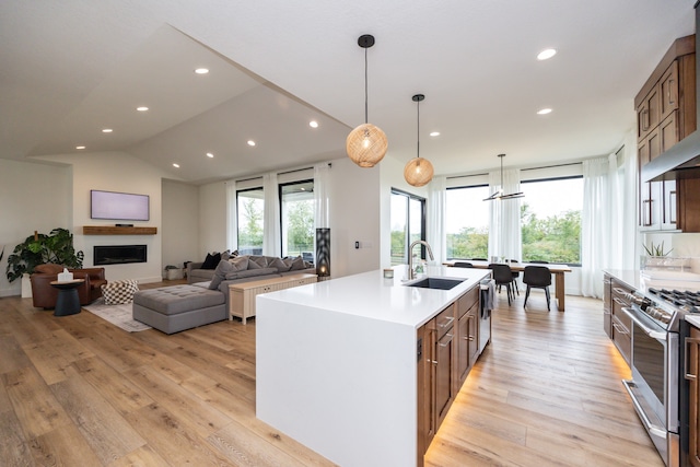 kitchen with an island with sink, stainless steel appliances, light wood-type flooring, lofted ceiling, and sink