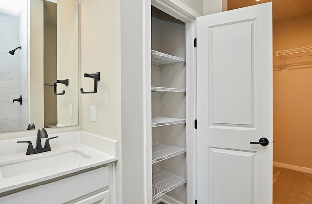 bathroom with a shower and vanity