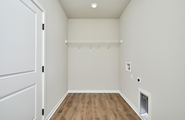 washroom with electric dryer hookup, light hardwood / wood-style floors, and washer hookup