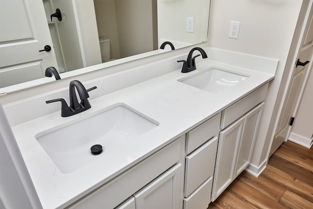 bathroom with hardwood / wood-style floors, vanity, and toilet