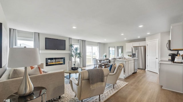 living room with a healthy amount of sunlight, sink, and light hardwood / wood-style flooring