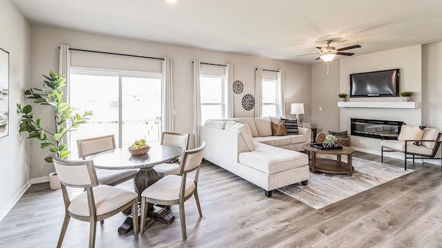 living room with a wealth of natural light, ceiling fan, and light wood-type flooring