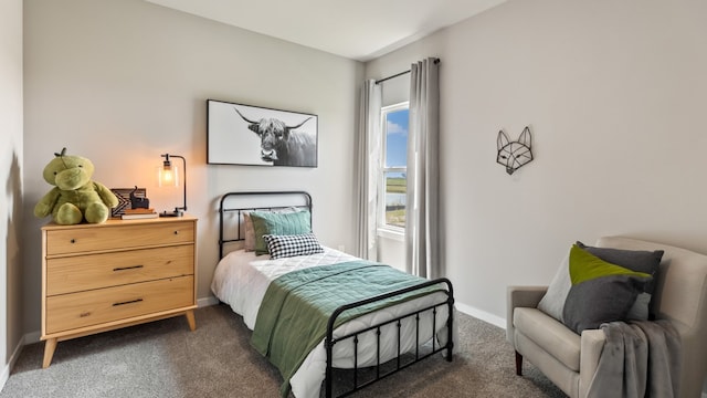 bedroom featuring dark colored carpet