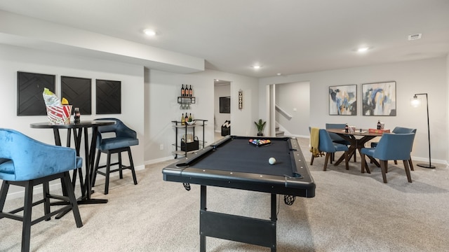 game room with light carpet and billiards