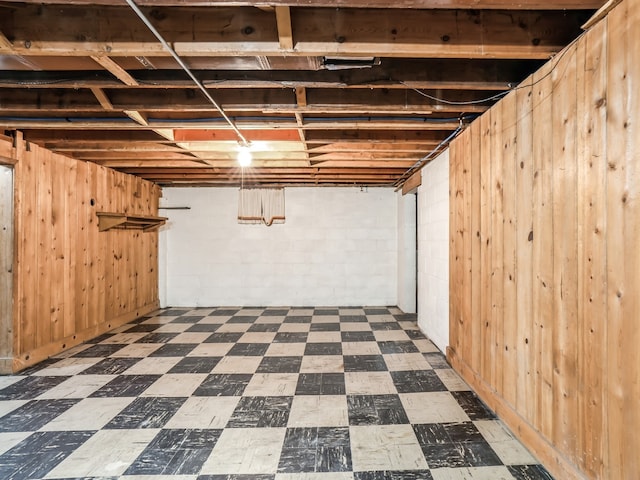 basement featuring wooden walls