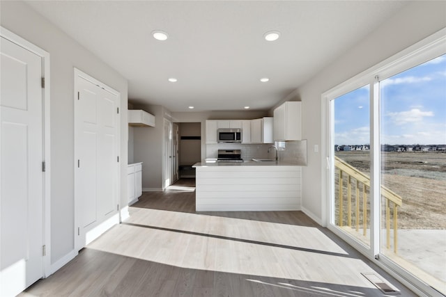 kitchen featuring tasteful backsplash, hardwood / wood-style floors, sink, stainless steel appliances, and white cabinets