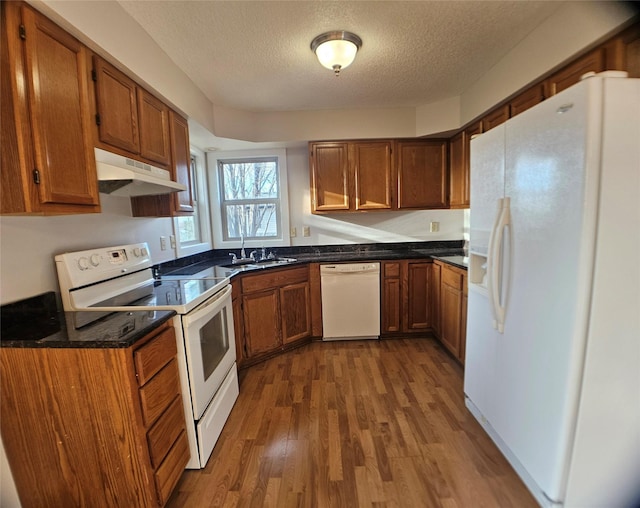 kitchen featuring dark countertops, under cabinet range hood, brown cabinets, wood finished floors, and white appliances