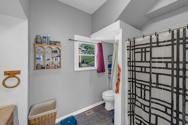 bathroom featuring walk in shower, vanity, toilet, and hardwood / wood-style flooring