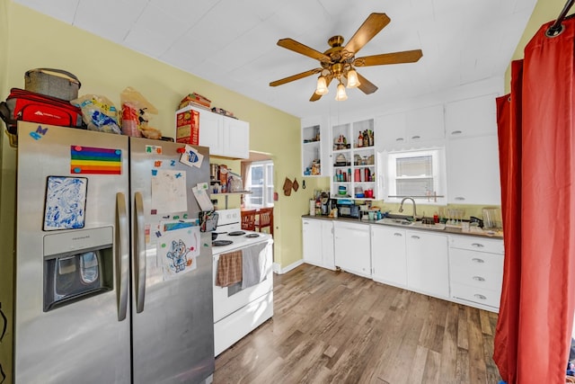 kitchen featuring ceiling fan, sink, white cabinetry, stainless steel refrigerator with ice dispenser, and white range with electric stovetop