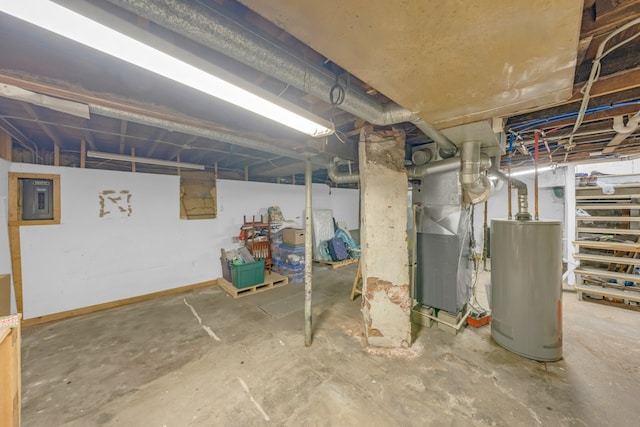 basement featuring water heater, heating unit, and electric panel