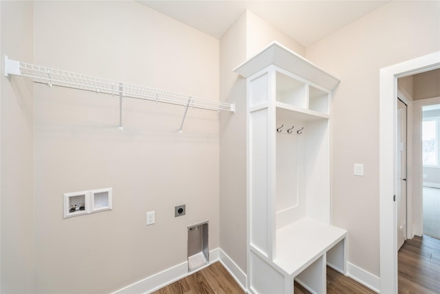 laundry room with hookup for a washing machine, hardwood / wood-style floors, and hookup for an electric dryer