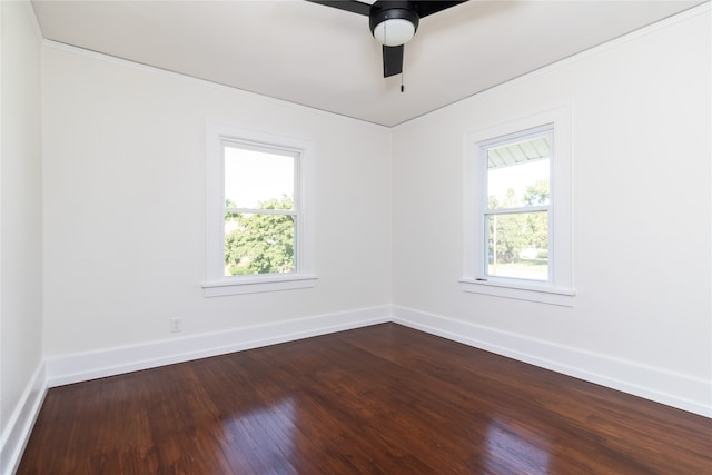 unfurnished room with a wealth of natural light, ceiling fan, and hardwood / wood-style floors