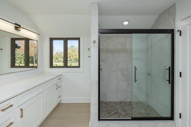 bathroom featuring vanity, vaulted ceiling, and an enclosed shower