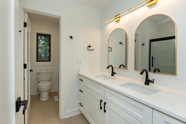 bathroom with vanity, toilet, and a shower with shower door