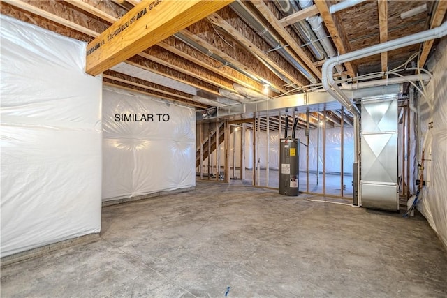 basement with heating unit and water heater