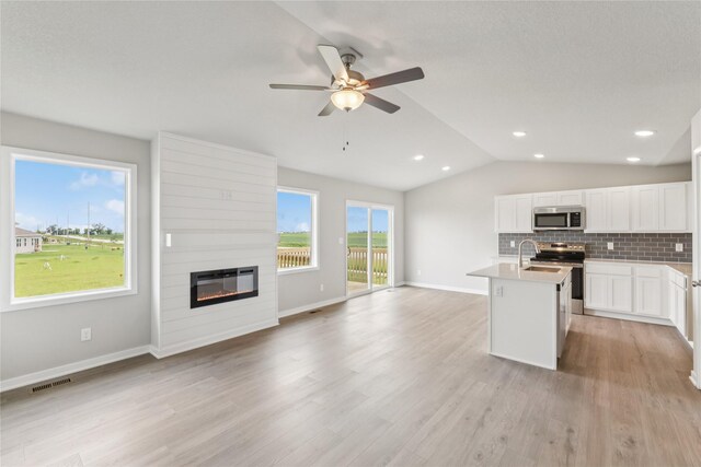 4428 NE 8th St, Ankeny, IA 50021 - kitchen featuring stainless steel appliances, open floor plan, vaulted ceiling, tasteful backsplash, and ceiling fan