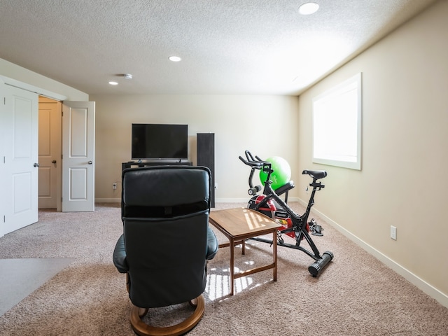 exercise area featuring carpet floors and a textured ceiling