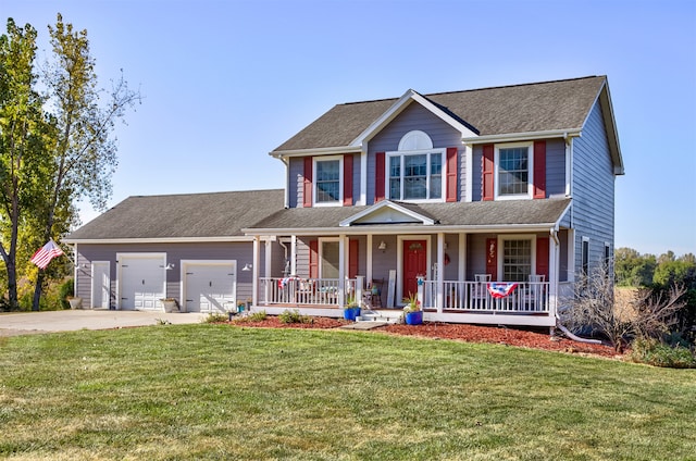 colonial home with a front lawn, a garage, and covered porch