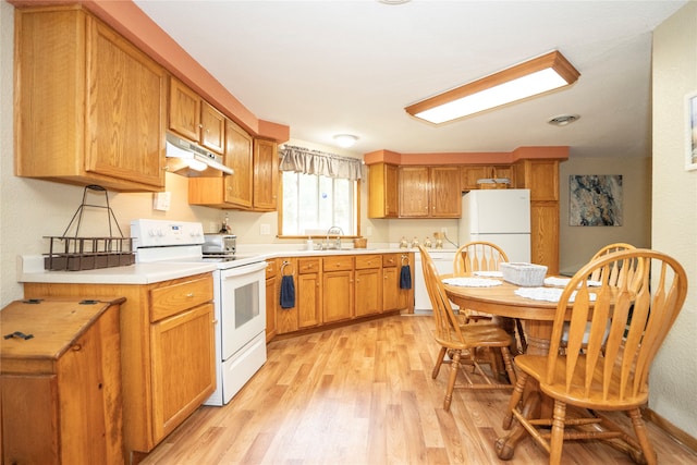 kitchen featuring white appliances, sink, and light hardwood / wood-style flooring