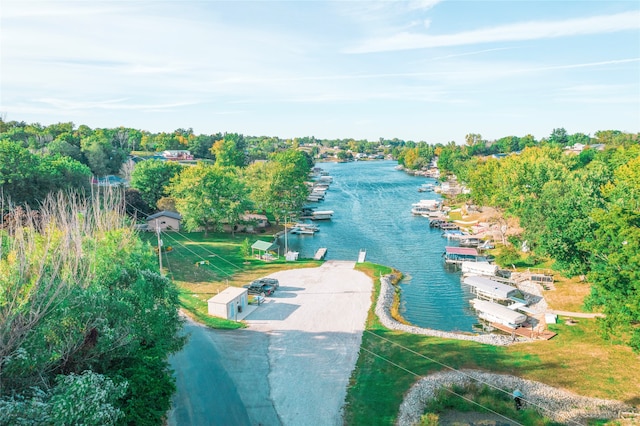 bird's eye view with a water view