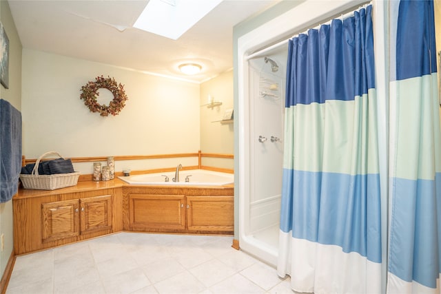 bathroom with a skylight and plus walk in shower