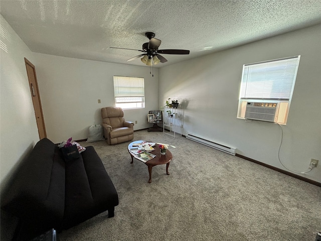 unfurnished living room with a textured ceiling, cooling unit, ceiling fan, carpet, and a baseboard heating unit