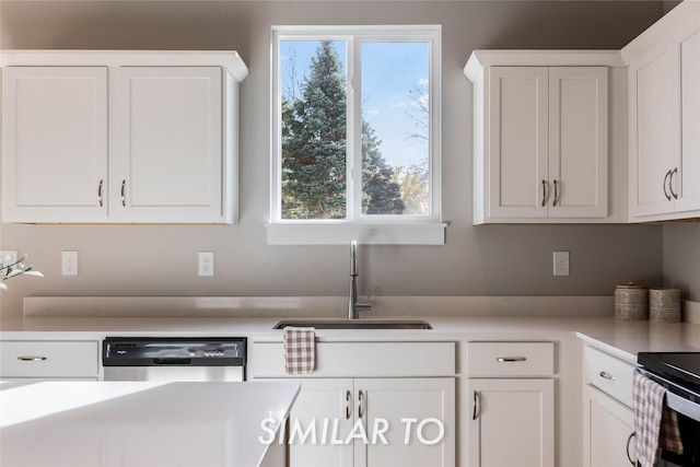 kitchen featuring white cabinets, stainless steel dishwasher, and sink