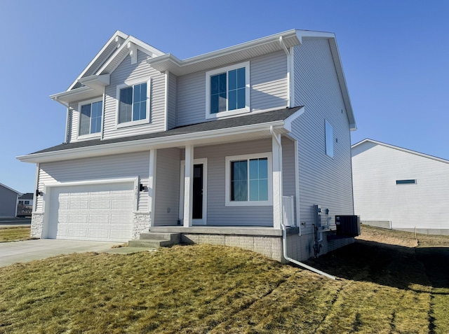 view of front facade with central AC, a front lawn, covered porch, and a garage