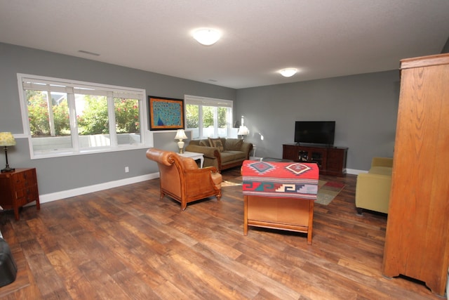 living room with dark hardwood / wood-style floors