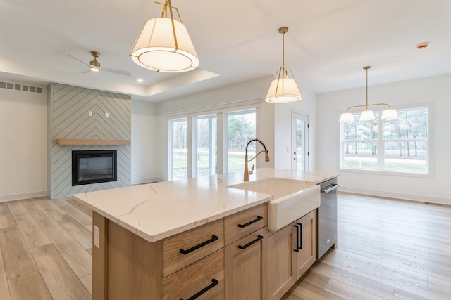 kitchen featuring sink, light hardwood / wood-style flooring, a healthy amount of sunlight, and an island with sink