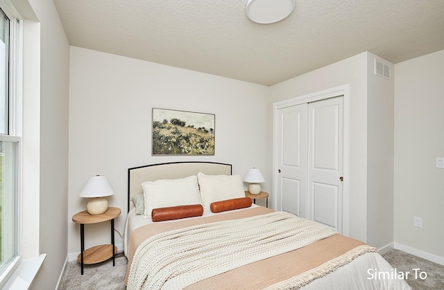 carpeted bedroom with multiple windows, a closet, and a textured ceiling