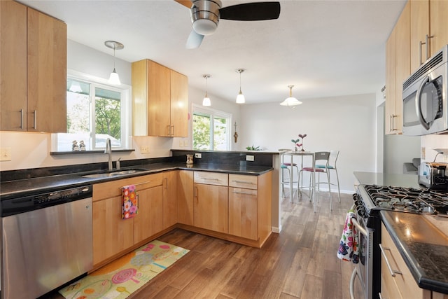 kitchen featuring light brown cabinets, hanging light fixtures, kitchen peninsula, dark wood-type flooring, and stainless steel appliances