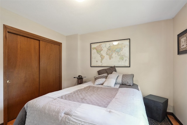 bedroom featuring wood-type flooring and a closet