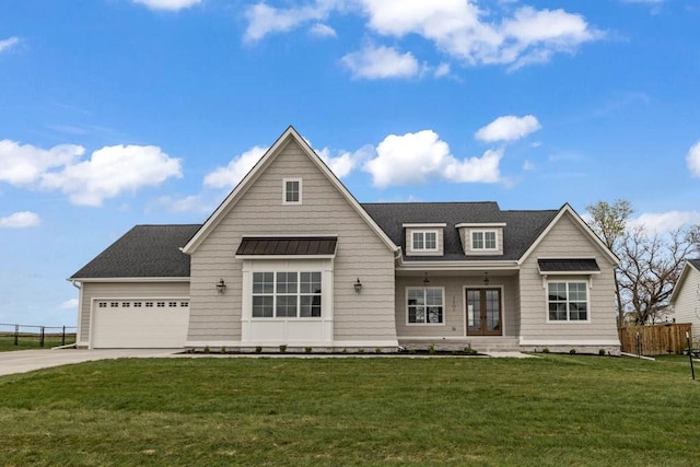 5807 NE Sherman Ct, Ankeny, IA 50021 - modern farmhouse style home featuring french doors, fence, a front lawn, concrete driveway, and an attached garage