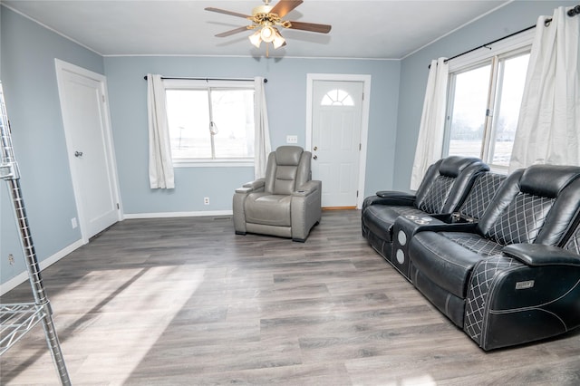 living room featuring ceiling fan, a wealth of natural light, and hardwood / wood-style floors