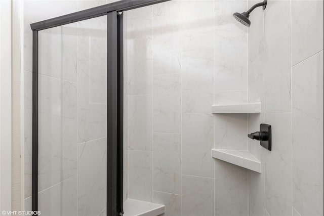 bathroom featuring a shower with door