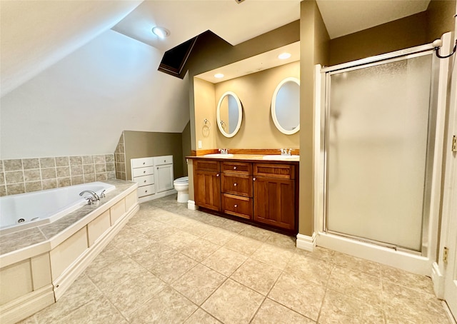 full bathroom featuring independent shower and bath, vanity, tile patterned flooring, and toilet