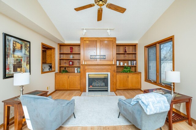 living room featuring light hardwood / wood-style floors and lofted ceiling