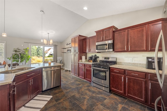 kitchen with pendant lighting, sink, vaulted ceiling, an inviting chandelier, and appliances with stainless steel finishes