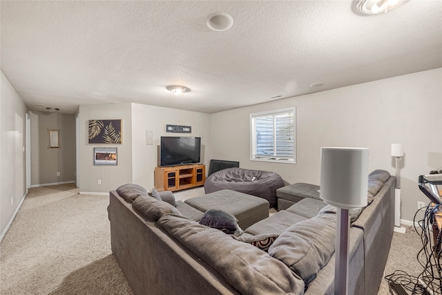 living room with a textured ceiling and light carpet