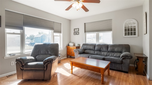 living room with a wealth of natural light, ceiling fan, and light wood-type flooring