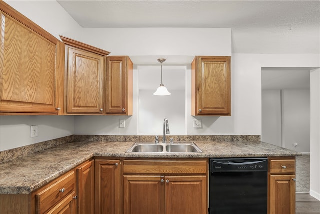 kitchen with pendant lighting, dishwasher, dark hardwood / wood-style floors, and sink