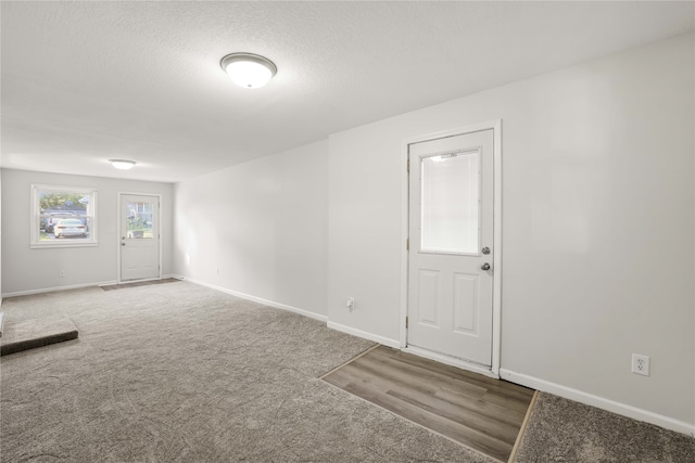 entryway featuring carpet floors and a textured ceiling