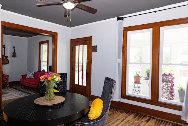 dining area with ceiling fan, crown molding, and hardwood / wood-style flooring