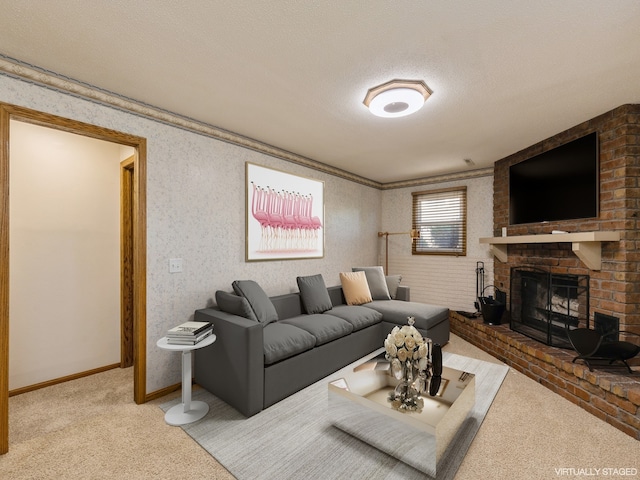 carpeted living room featuring a brick fireplace and a textured ceiling