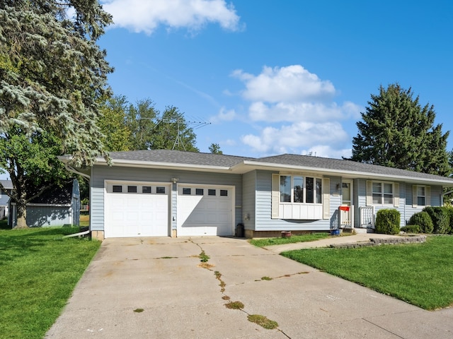 ranch-style house with a front lawn, covered porch, and a garage