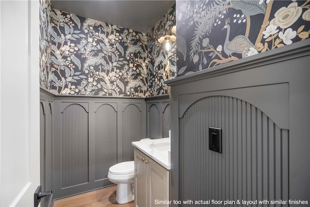 bathroom featuring toilet, vanity, and hardwood / wood-style floors