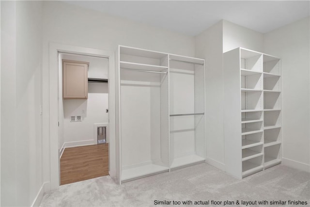 spacious closet featuring light carpet