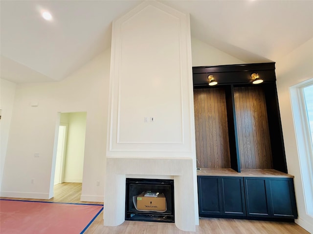 unfurnished living room featuring light wood-type flooring and lofted ceiling