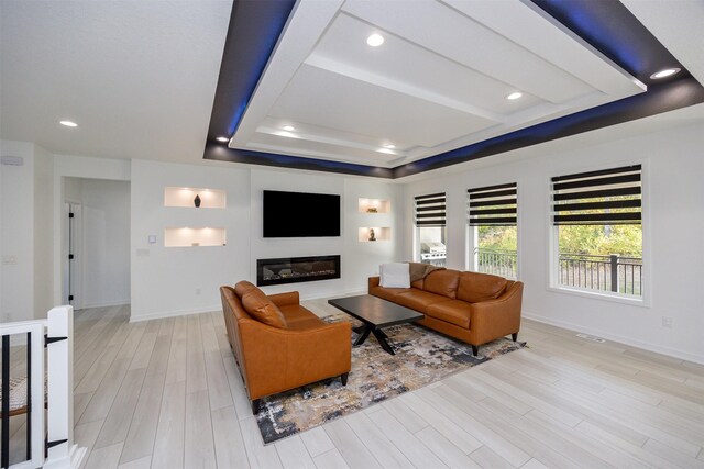 living room featuring light hardwood / wood-style floors and a raised ceiling